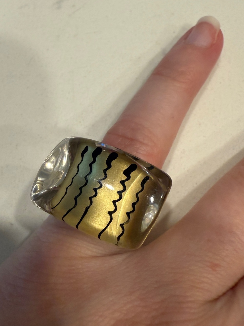 Gold-Tone Resin Statement Ring with Black Wave Lines - Size 5.25